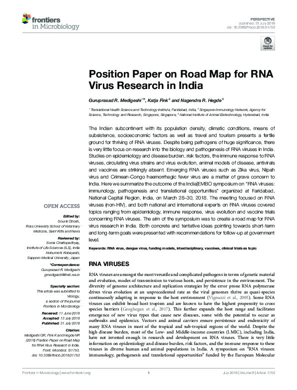 (PDF) Position Paper on Road Map for RNA Virus Research in India
