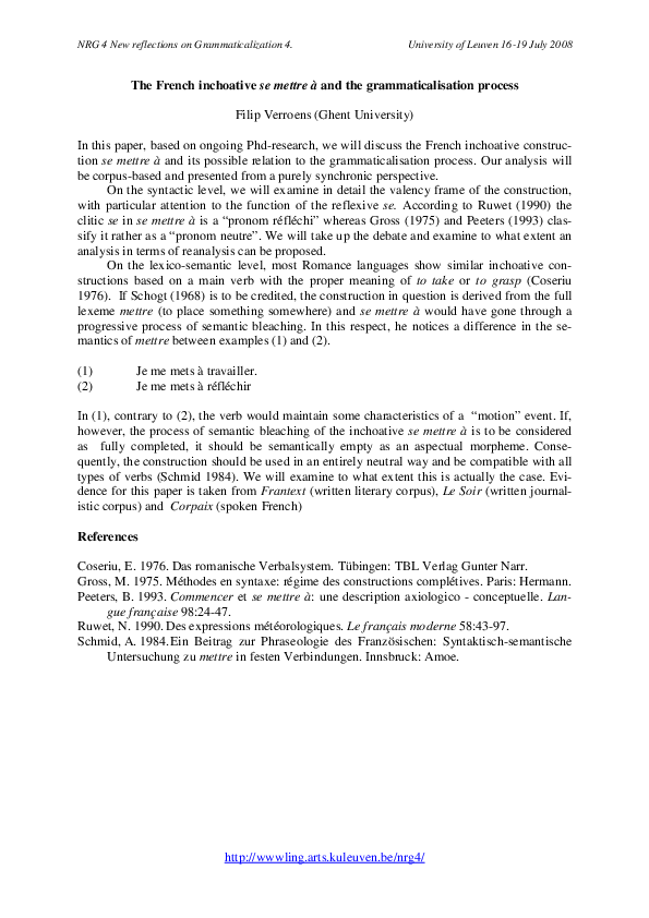 (PDF) The French inchoative se mettre à and the grammaticalisation process