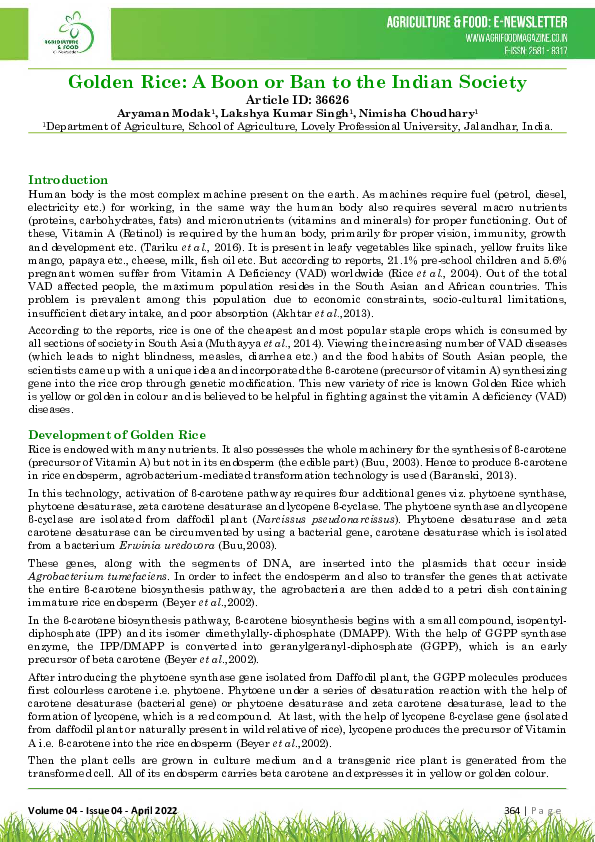 (PDF) Golden Rice: A Boon or Ban to the Indian Society Article ID: 36626