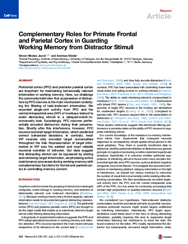 (PDF) Complementary Roles for Primate Frontal and Parietal Cortex in ...