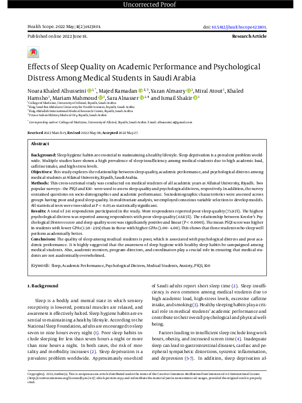 (PDF) Effects of Sleep Quality on Academic Performance and ...