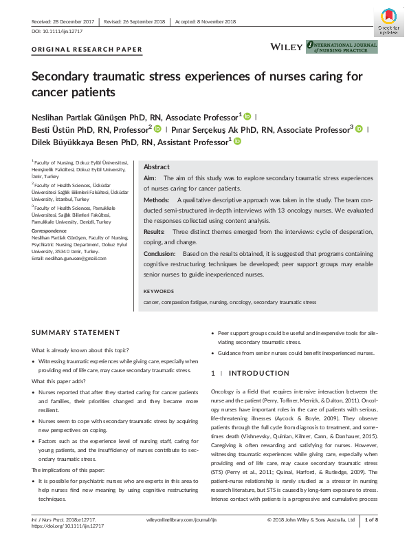 (PDF) Secondary traumatic stress experiences of nurses caring for ...
