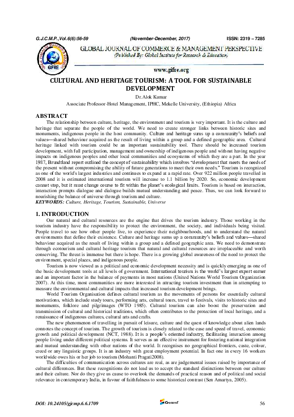 (PDF) Cultural and Heritage Tourism: A Tool for Sustainable Development