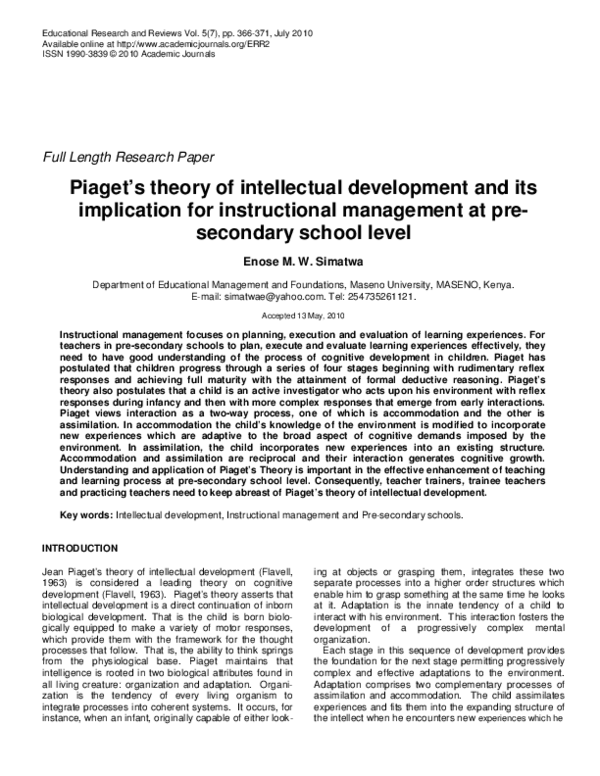 (PDF) Piaget's Theory of Intellectual Development and Its Implication ...