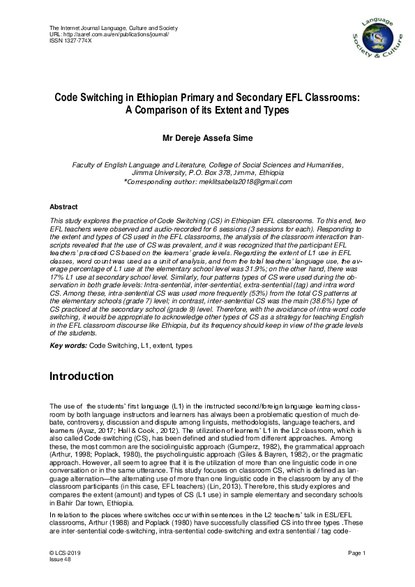 (PDF) Code Switching in Ethiopian Primary and Secondary EFL Classrooms ...