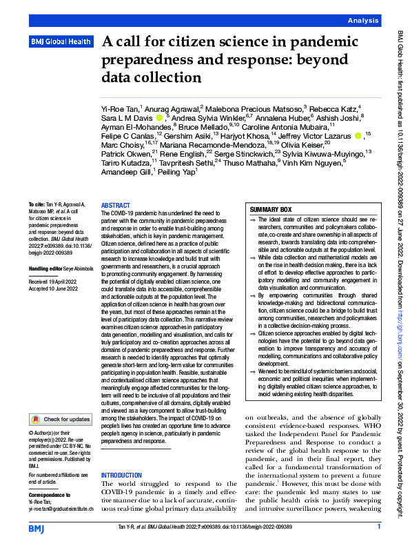 (PDF) A call for citizen science in pandemic preparedness and response ...