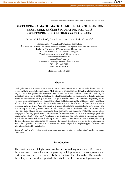 (PDF) Developing a mathematical model for the fission yeast cell cycle ...