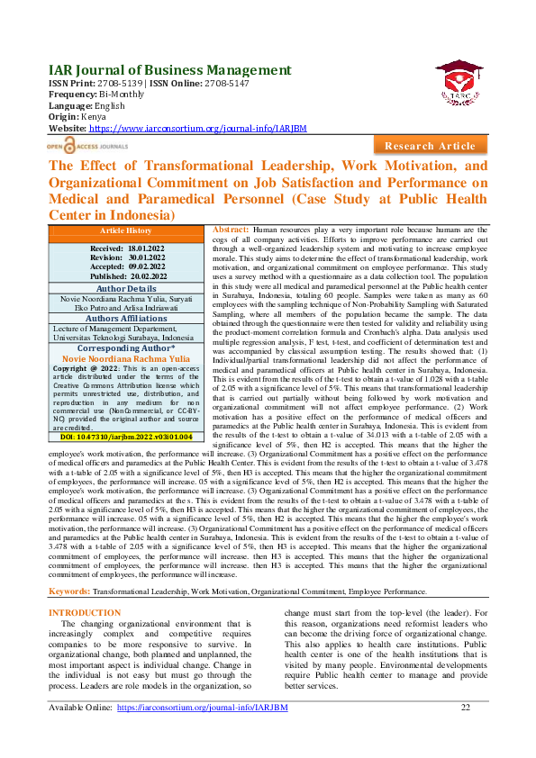 (PDF) The Effect of Transformational Leadership, Work Motivation, and ...