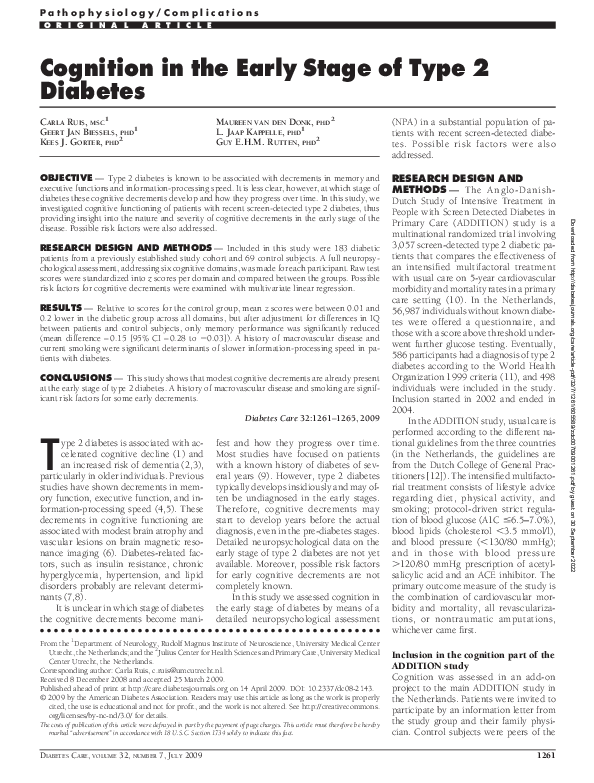 (PDF) Cognition in the Early Stage of Type 2 Diabetes