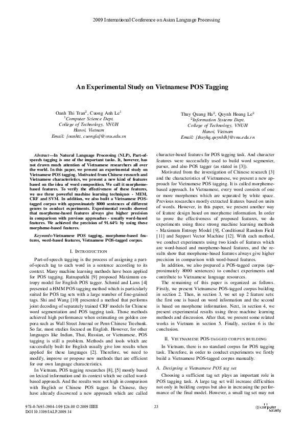(PDF) An Experimental Study on Vietnamese POS Tagging