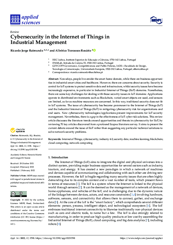 (PDF) Cybersecurity in the Internet of Things in Industrial Management