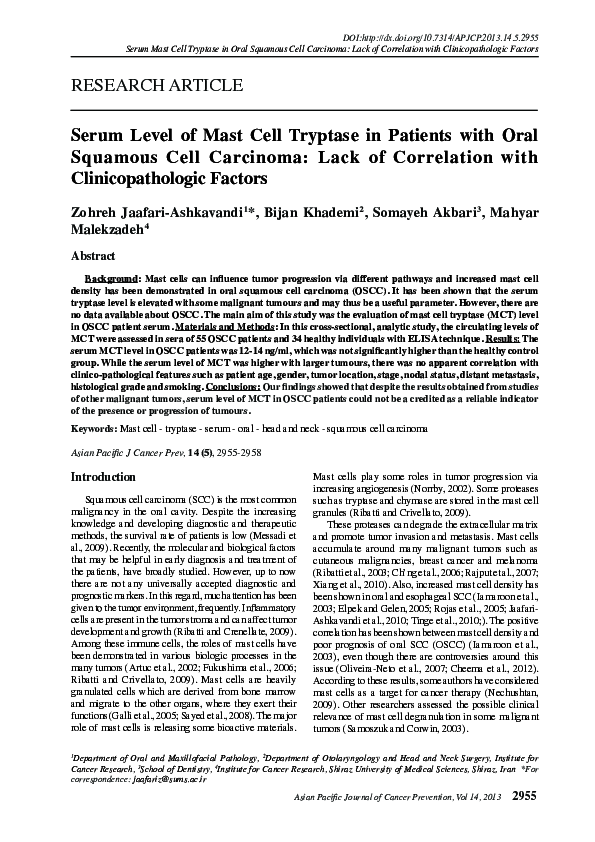 (PDF) Serum Level of Mast Cell Tryptase in Patients with Oral Squamous ...
