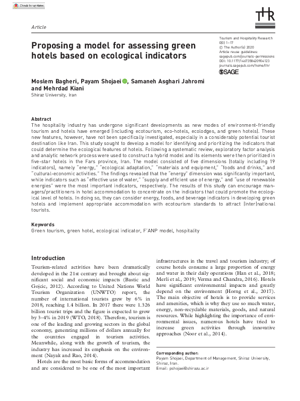 (PDF) Proposing a model for assessing green hotels based on ecological ...
