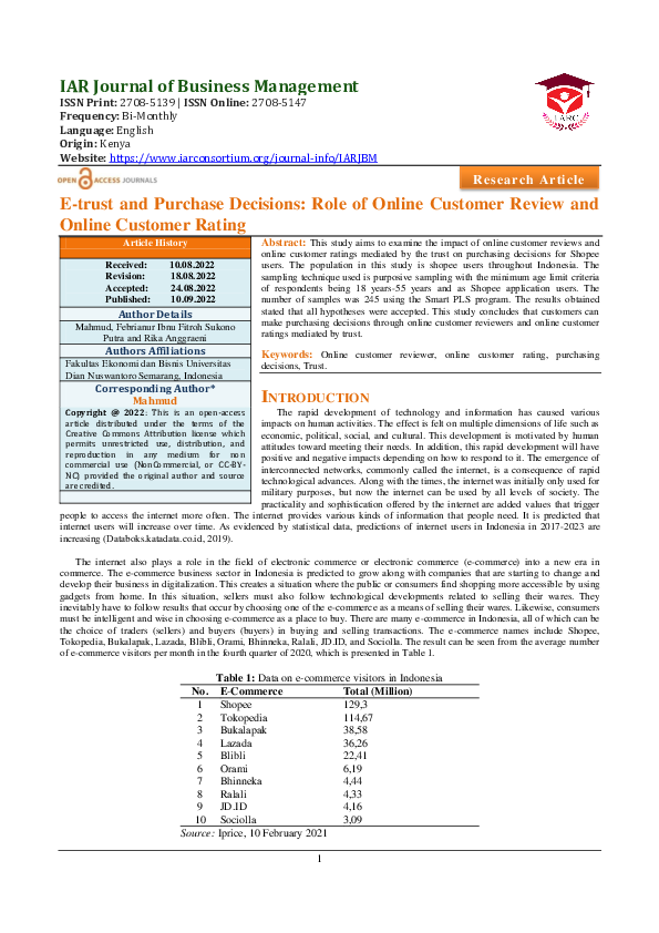 (PDF) E-trust and Purchase Decisions: Role of Online Customer Review ...