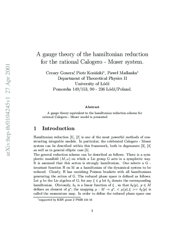 (PDF) A gauge theory of the Hamiltonian reduction for the rational ...