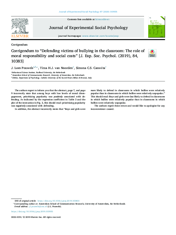 (PDF) Corrigendum to “Defending victims of bullying in the classroom ...