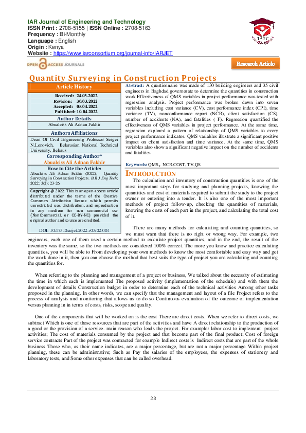 (PDF) Quantity Surveying in Construction Projects