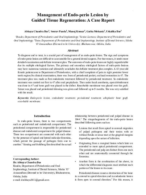 (PDF) Management of Endoperio Lesion by Guided Tissue Regeneration A