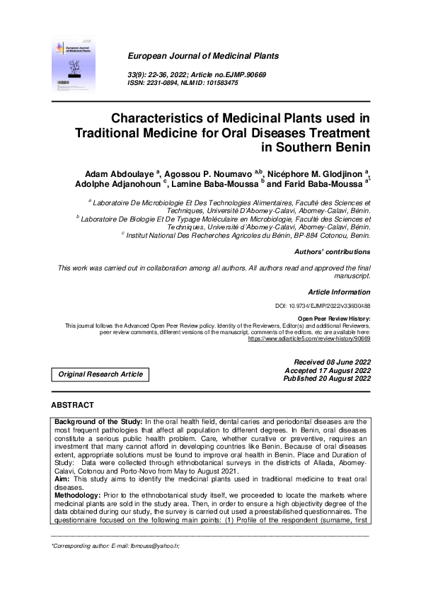 (PDF) Characteristics of Medicinal Plants used in Traditional Medicine ...