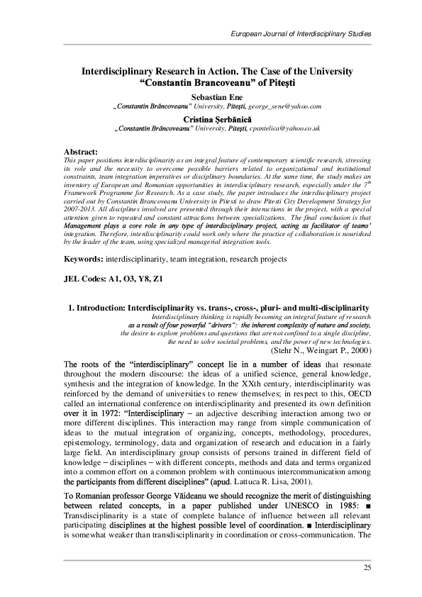 (PDF) Interdisciplinary Research in Action. The Case of the University ...