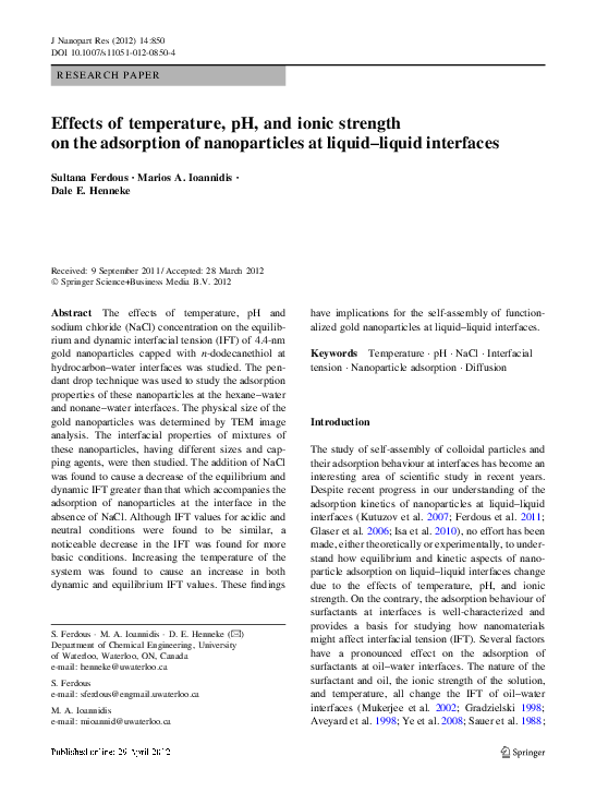 (PDF) Effects of temperature, pH, and ionic strength on the adsorption ...