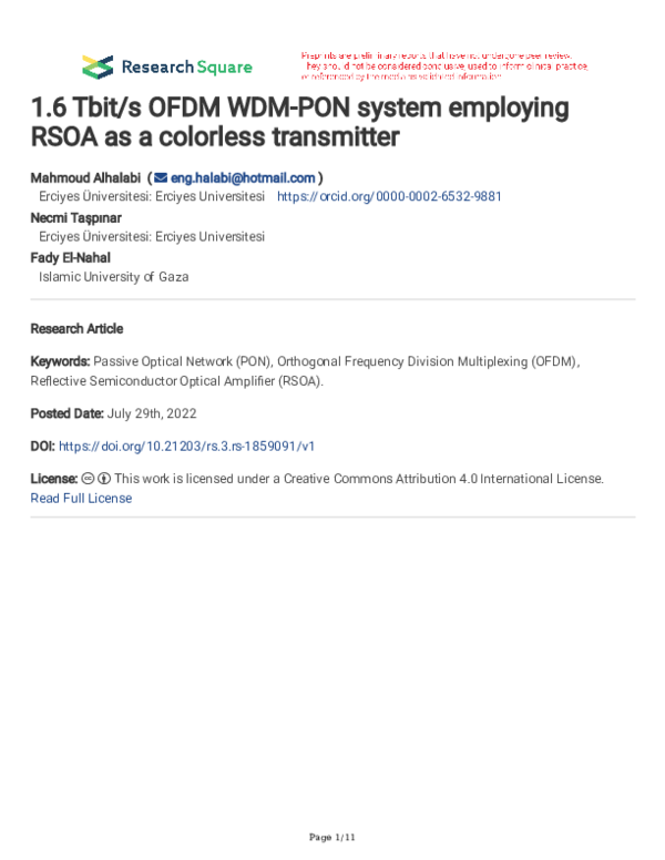 (PDF) 1.6 Tbit/s OFDM WDM-PON system employing RSOA as a colorless ...