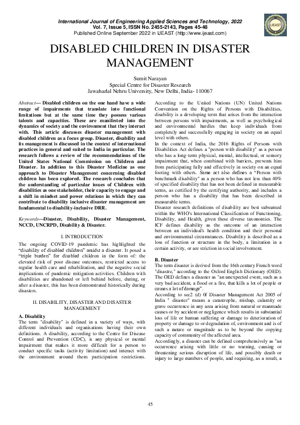 (PDF) Disabled Children in Disaster Management