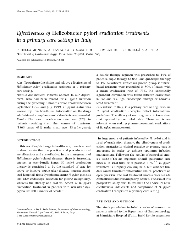 (PDF) Effectiveness of Helicobacter pylori eradication treatments in a ...