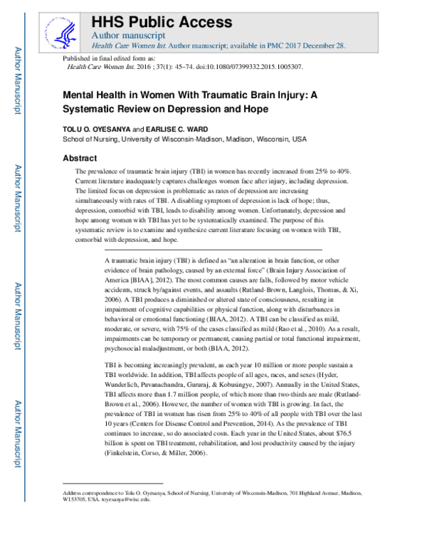 (PDF) Mental Health in Women With Traumatic Brain Injury: A Systematic ...