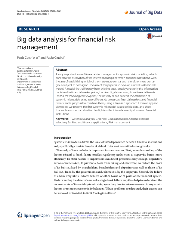 (PDF) Big data analysis for financial risk management