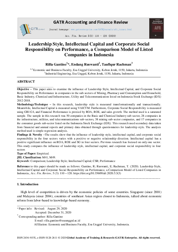 (PDF) Leadership Style, Intellectual Capital and Corporate Social ...