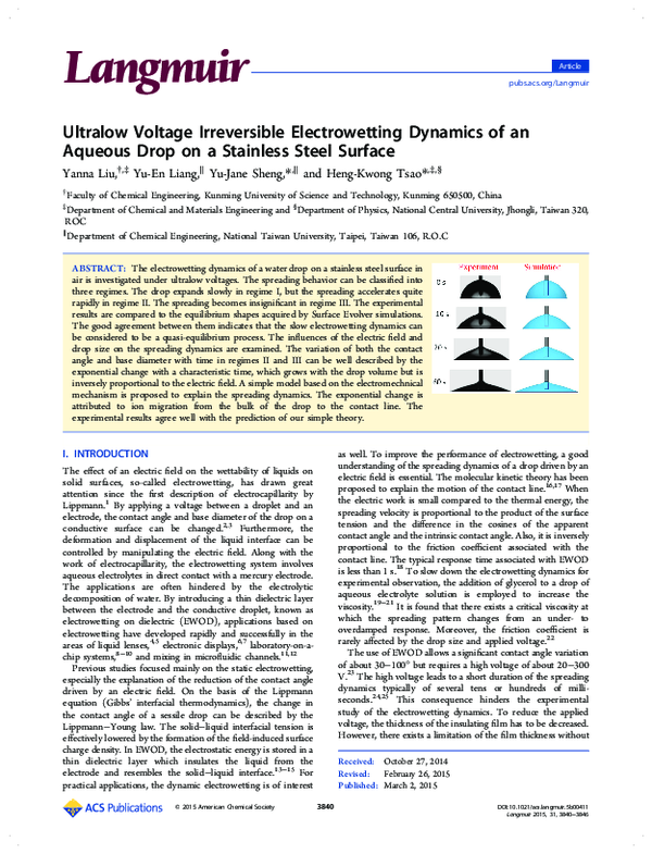 (PDF) Ultralow Voltage Irreversible Electrowetting Dynamics of an ...
