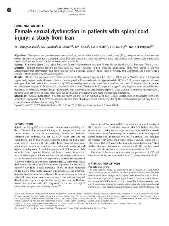 (PDF) Female sexual dysfunction in patients with spinal cord injury: a ...