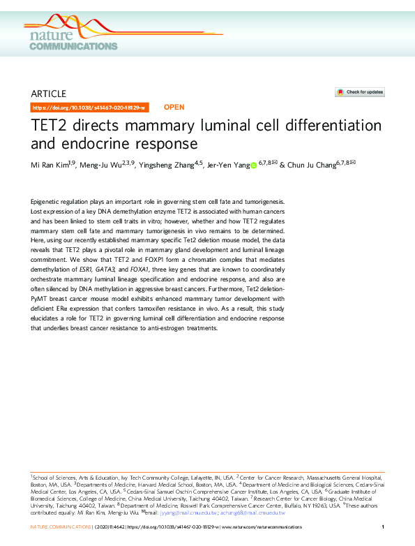 (PDF) TET2 directs mammary luminal cell differentiation and endocrine ...