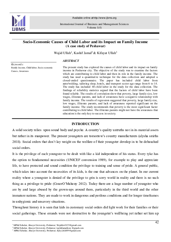 (PDF) Socio-Economic Causes of Child Labor and its Impact on Family Income