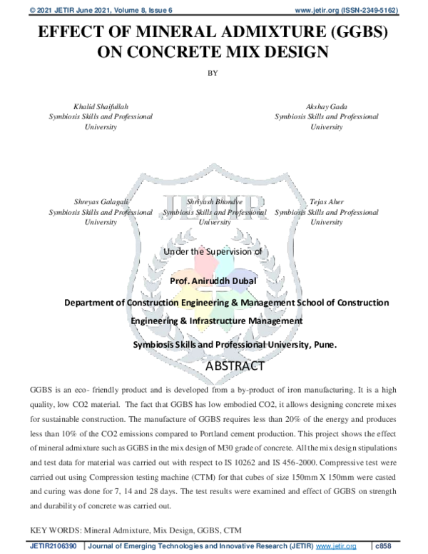 (PDF) Effect of Mineral Admixture (GGBS) on Concrete MIX Design