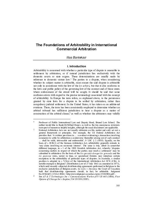 (PDF) The Foundations of Arbitrability in International Commercial ...