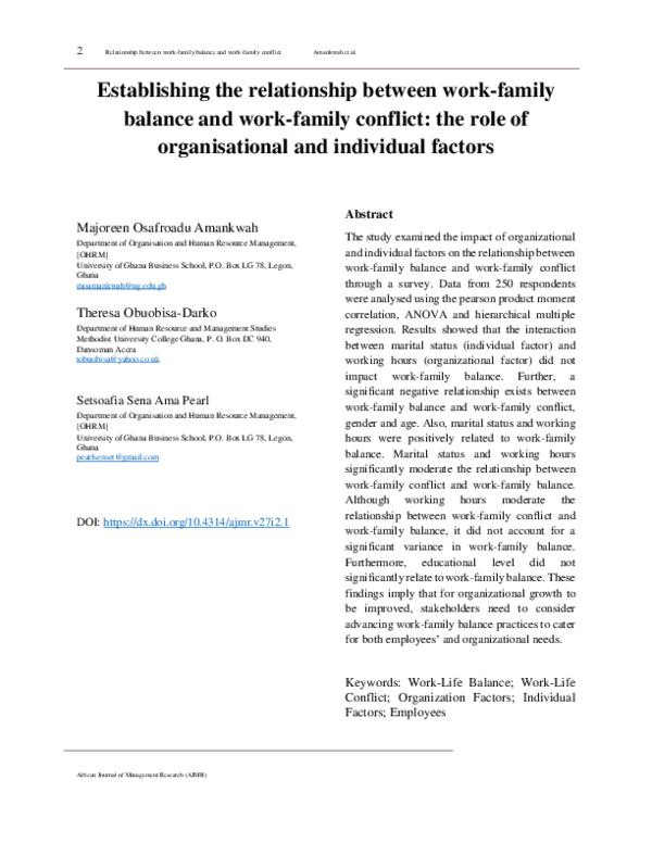 (PDF) Establishing the relationship between work-family balance and ...