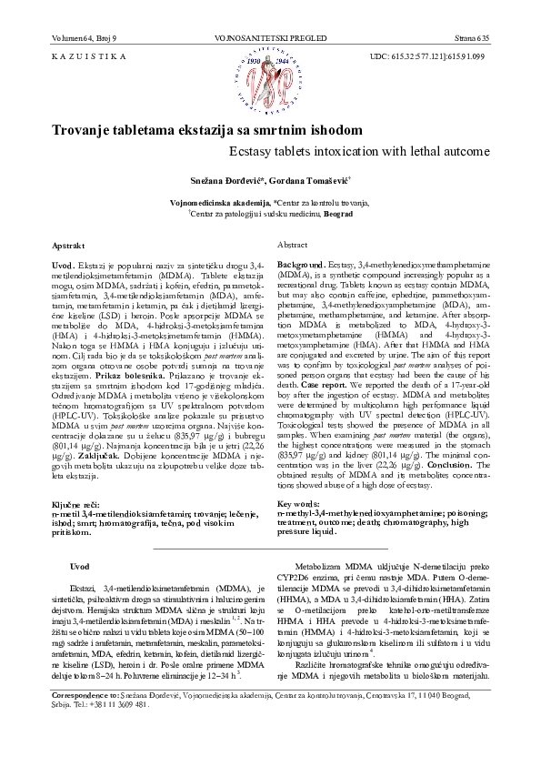 (PDF) Ecstasy tablets intoxication with lethal autcome