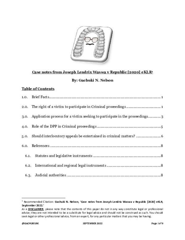 (PDF) CASE NOTES FROM JOSEPH LENDRIX WASWA V REPUBLIC [2020]eKLR