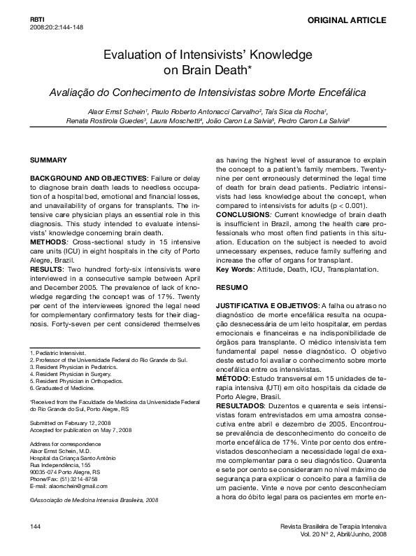 (PDF) Avaliação do conhecimento de intensivistas sobre morte encefálica
