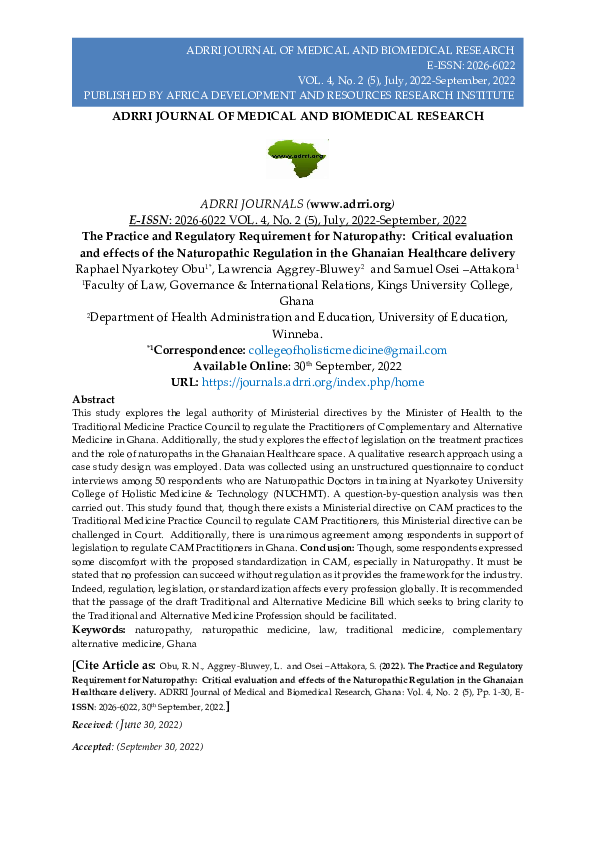 (PDF) The Practice and Regulatory Requirement for Naturopathy: Critical ...
