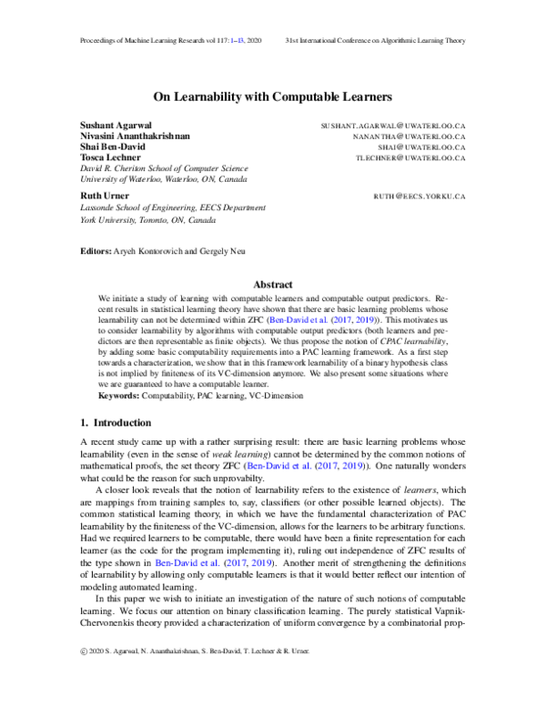(PDF) On Learnability with Computable Learners