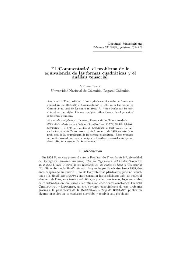 El'Commentatio', el problema de la equivalencia de las formas cuadráticas y el análisis tensorial