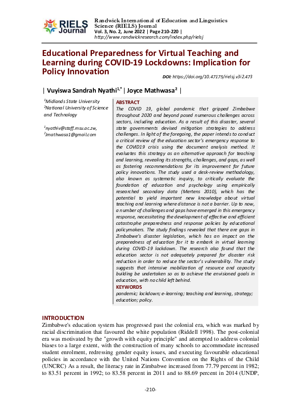 (PDF) Educational Preparedness for Virtual Teaching and Learning during ...