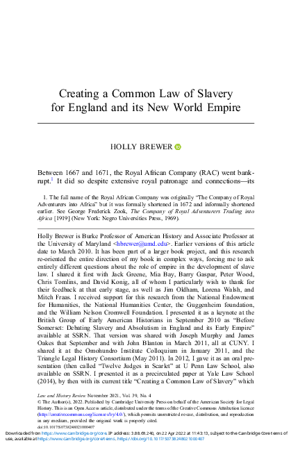 (PDF) Creating a Common Law of Slavery for England and its New World Empire