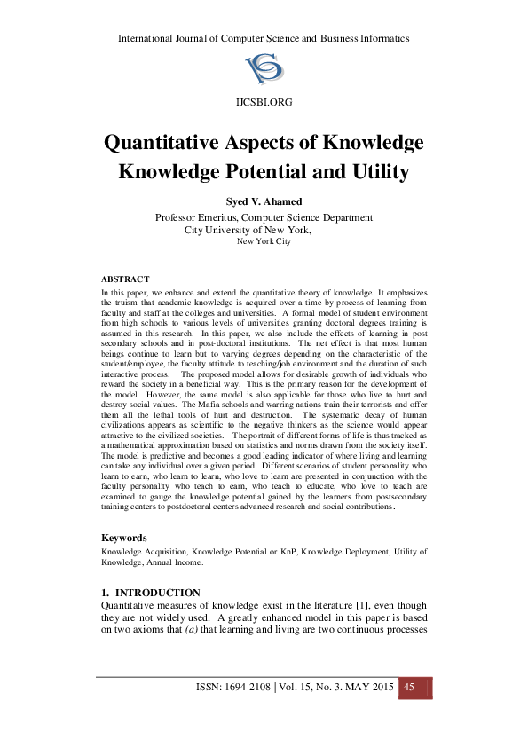 (PDF) Quantitative Aspects of Knowledge: KNOWLEDGE POTENTIAL AND UTILITY