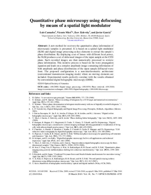 (PDF) Quantitative phase microscopy using defocusing by means of a ...