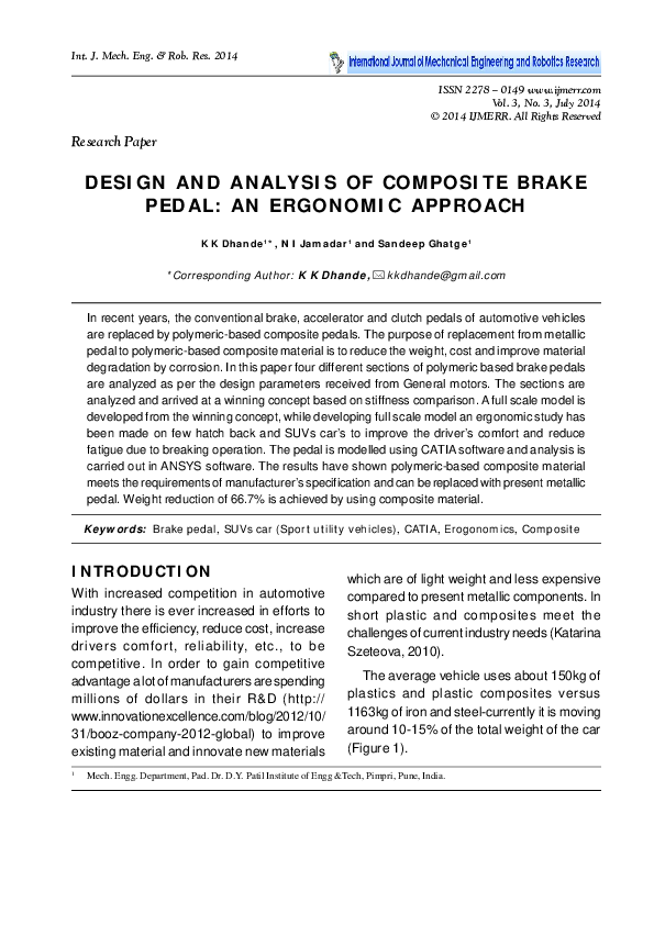 (PDF) Design and Analysis of Composite Brake Pedal : An Ergonomic Approach