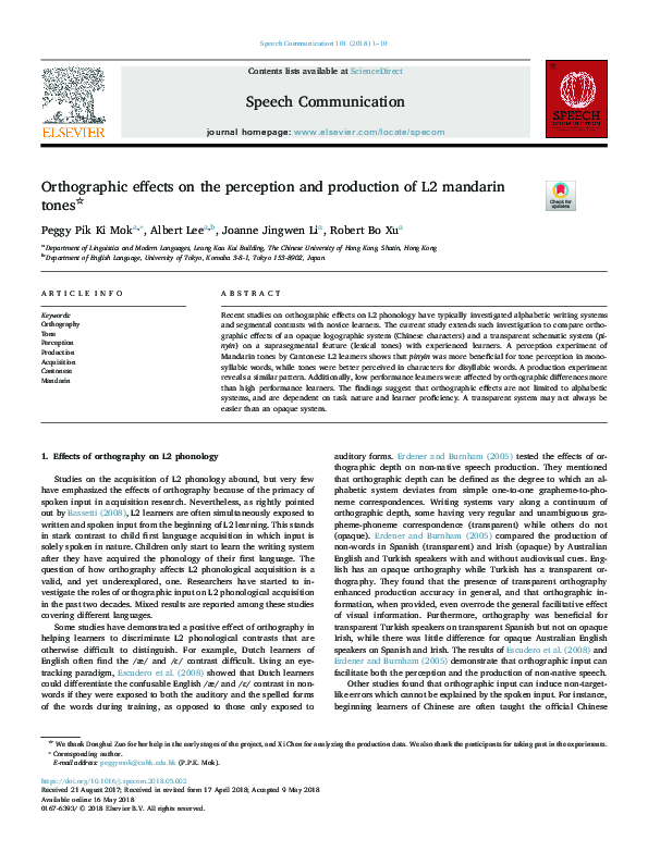 (PDF) Orthographic effects on the perception and production of L2 ...